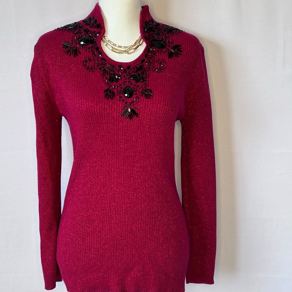 Objects d’Art Glam Retro Burgundy Embellished Ribbed Knit Top Petite M